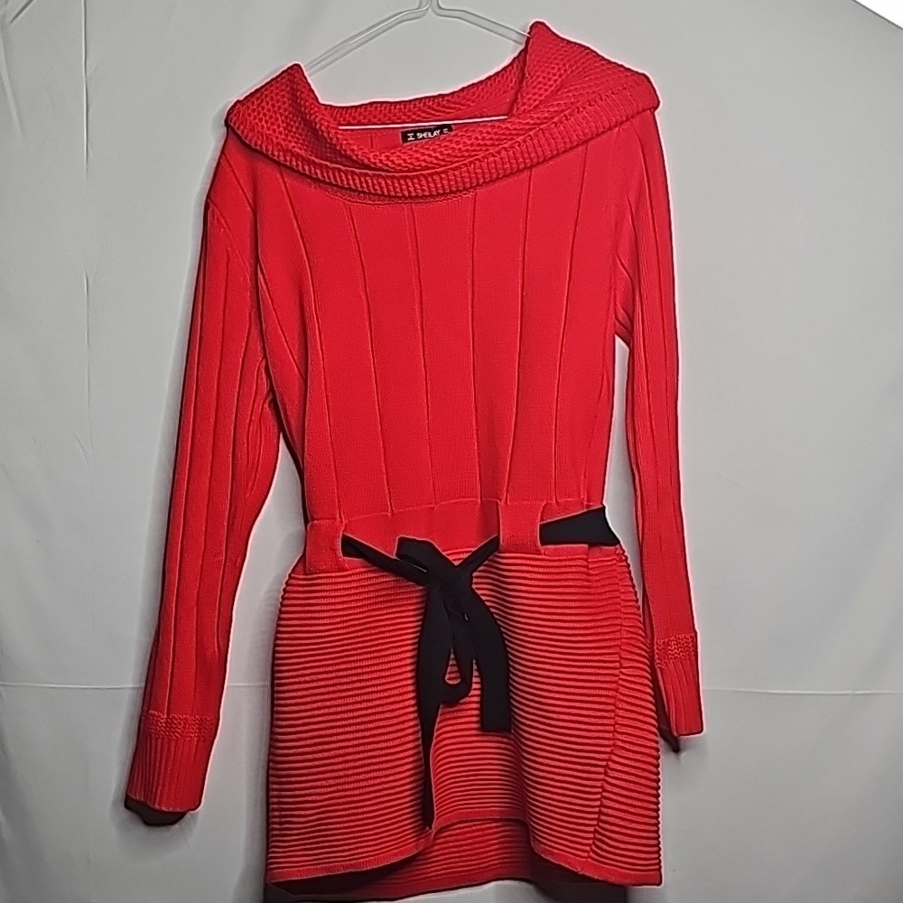 Sheilay red cowl neck sweater knit Santa dress holiday with black belt sz Large